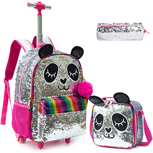 Rucksack Mädchen Schulranzen Trolley Silber Rot Panda Pailletten Trolley Rucksack Schulrucksack Teenager 3PCS Kinder Schultrolley Geeignet für Schule und Reise Essensbeutel und Federmäppchen von Egchescebo