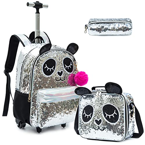 Rucksack Mädchen Schulranzen Trolley Silber Schwarz Panda Pailletten Trolley Rucksack Schulrucksack Teenager 3PCS Kinder Schultrolley Geeignet für Schule und Reise Essensbeutel und Federmäppchen von Egchescebo