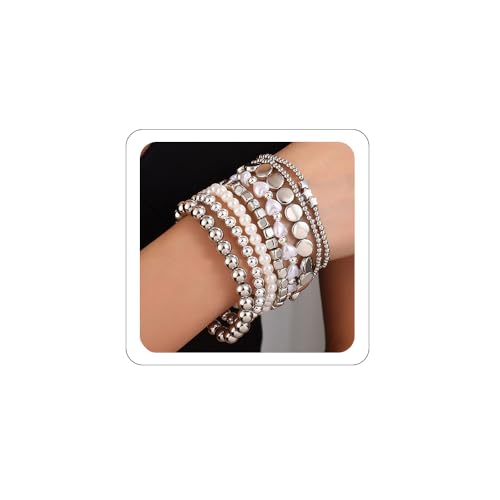8-teiliges silbernes Armband für Damen, verstellbar, stapelbar, Stretch-Perlenarmband, Set, böhmische Stränge, Herzperlen, zierliche Perlenkette, Armbänder, Sommerparty, Handschmuck 8-teiliges silbernes Armband für Damen, verstellbar, stapelbar, Stretch-Perlenarmband, Set, böhmische Stränge, Herzperlen, zierliche Perlenkette, Armbänder, Sommerparty, Handschmuck von Egfyqzbryn