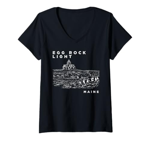 Damen Egg Rock Light Maine Leuchtturm Bar Harbor Souvenir T-Shirt mit V-Ausschnitt von Egg Rock Acadia National Park Illustration