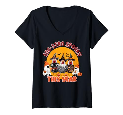 Damen Egg-stra gruselig Dieses Jahr Halloween Huhn und Geist T-Shirt mit V-Ausschnitt Damen Egg-stra gruselig Dieses Jahr Halloween Huhn und Geist T-Shirt mit V-Ausschnitt von Egg-stra spooky this year apparel