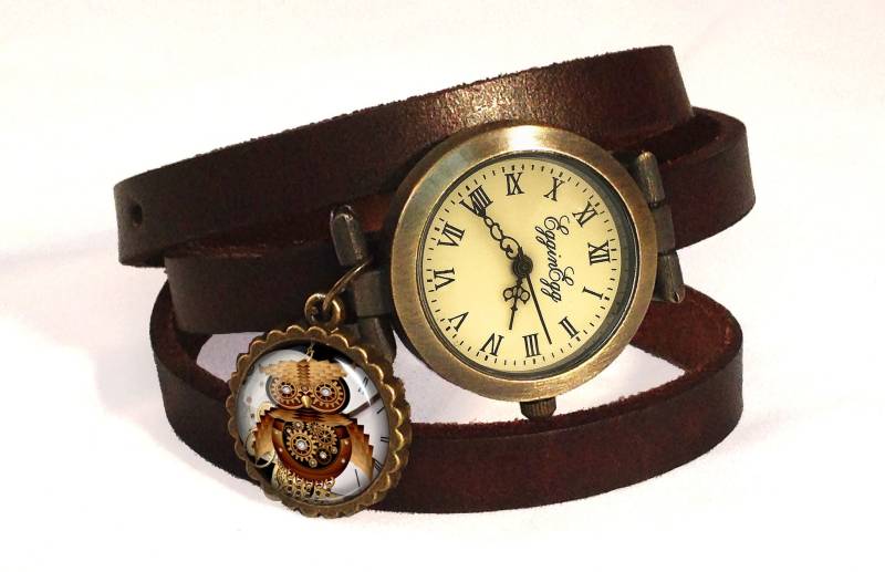 Wickeluhr Steampunk Eule Echtleder, 0581Wdb von EgginEggHandmade
