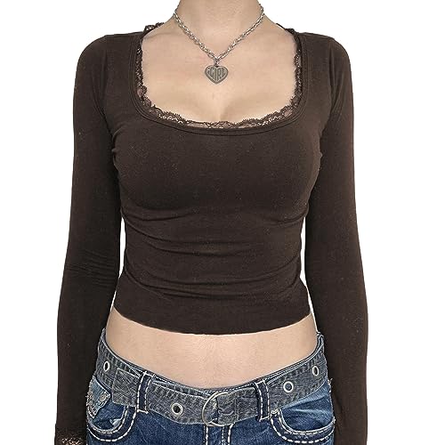 Damen Vintage Spitze Patchwork Shirt Y2k Square Neck Langarm Crop Top Slim Fit Basic Workout Tees Streetwear, dunkelbraun, Large von Eghunooye