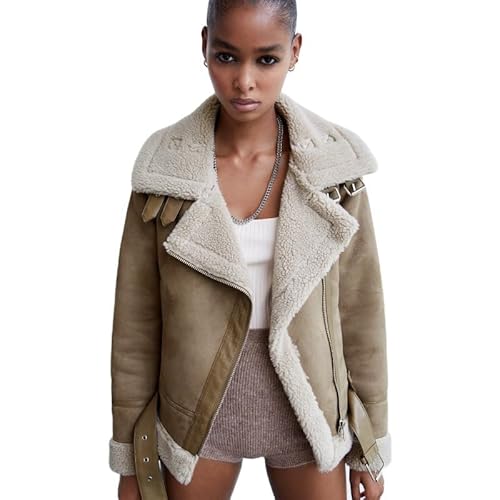 Eghunooye Damen Sherpa gefütterte Winterjacke Fleece gefüttert Reißverschluss Jacke Cardigan Mode Herbst Kleidung Streetwear, Khaki1, 36 von Eghunooye