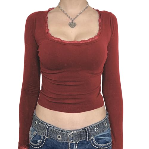 Eghunooye Damen Vintage Spitze Patchwork Shirt Y2k Square Neck Langarm Crop Top Slim Fit Basic Workout Tees Streetwear rot M von Eghunooye