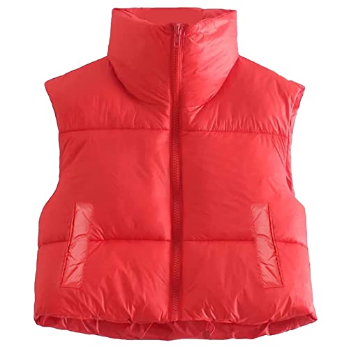 Eghunooye Damen Winter Crop Weste Warm Ärmellos Baumwolle Puffer Jacke Stehkragen Leichte Outwear Weste, rot, 36 von Eghunooye