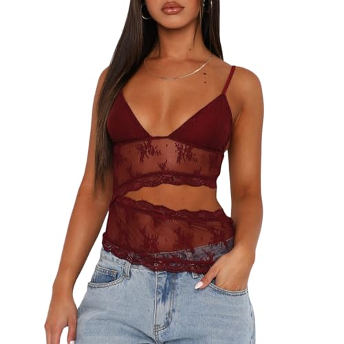 Eghunooye Damen Y2k Spitzenbesatz Tank Top Niedlich Ärmellos Spaghettiträger Camisole Sommer Sexy Rückenfrei Ausgehen Top, rot, Small Eghunooye Damen Y2k Spitzenbesatz Tank Top Niedlich Ärmellos Spaghettiträger Camisole Sommer Sexy Rückenfrei Ausgehen Top, rot, Small von Eghunooye