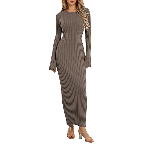 Eghunooye Frauen Strick Plissee Maxikleid Bodycon Rundhals Pullover Kleid Herbst Casual Lounge Langes Kleid, Graue Aprikose, Small von Eghunooye