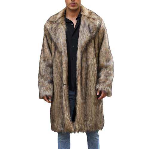 Eghunooye Herren Kunstpelz Langer Mantel Revers Kragen Leder Trenchcoat Winter Warm Dicker Jakcet Vintage Outwear, gelb, M von Eghunooye