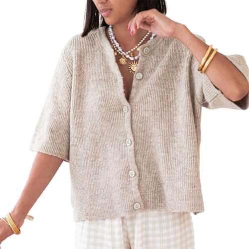 Eghunooye Kurzärmeliger Damen-Strickjacke, leichter Rundhalsausschnitt, bauchfreier Pullover, Herbst-Cardigans, Strickpullover, Tops, dunkles kaki, L von Eghunooye