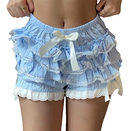 Eghunooye Lolita Damen-Shorts, niedlich, gestuft, Rüschen, Teenager, japanischer Kawaii-Kürbis-Hose, Hose, Blau-A, S von Eghunooye