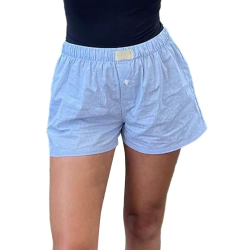 Y2K Lounge-Shorts für Damen, niedlich, weich, elastisch, niedrige Taille, kariert, Knopfleiste, Pyjamahose, Boxershorts, Nachtwäsche, hellblau, L von Eghunooye