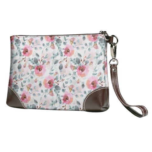 Australische Flora Aquarell Eukalyptus und erröten Blumen,Handgelenktaschen PU-Leder Clutch Damen Reißverschluss Geldbörse Brieftasche Handtasche mit Handschlaufe von EgoMed