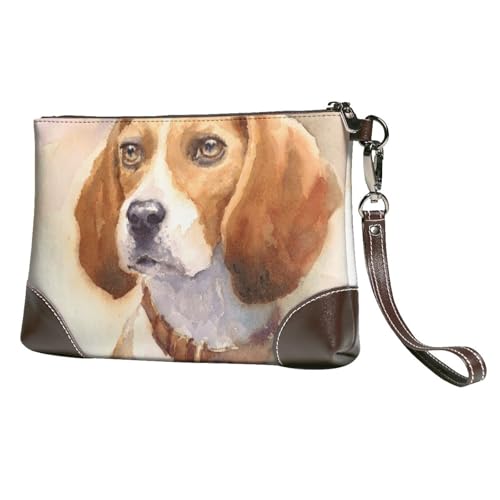EgoMed Aquarell Beagle Kopf,Handgelenktaschen PU-Leder Clutch Damen Reißverschluss Geldbörse Brieftasche Handtasche mit Handschlaufe von EgoMed