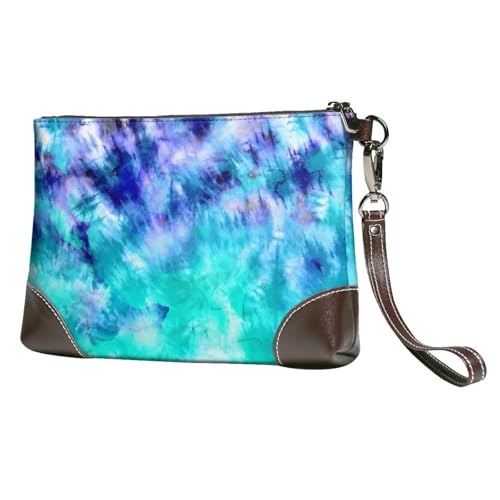 EgoMed Aquarell Teal Blau Tie Dye,Handgelenktaschen PU-Leder Clutch Damen Reißverschluss Geldbörse Brieftasche Handtasche mit Handschlaufe von EgoMed