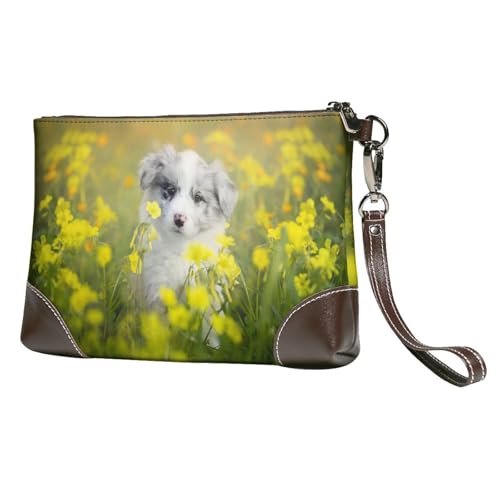 EgoMed Australian Shepherd Dogs Mall Weißer Welpe,Handgelenktaschen PU-Leder Clutch Damen Reißverschluss Geldbörse Brieftasche Handtasche mit Handschlaufe von EgoMed