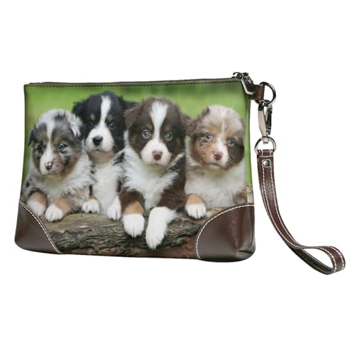 EgoMed Australian Shepherd Kleine Welpen Quartett,Handgelenktaschen PU-Leder Clutch Damen Reißverschluss Geldbörse Brieftasche Handtasche mit Handschlaufe von EgoMed