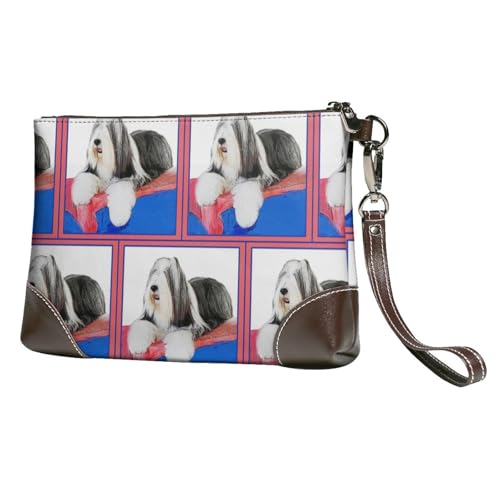 EgoMed Bearded_Collie,Handgelenktaschen PU-Leder Clutch Damen Reißverschluss Geldbörse Brieftasche Handtasche mit Handschlaufe von EgoMed