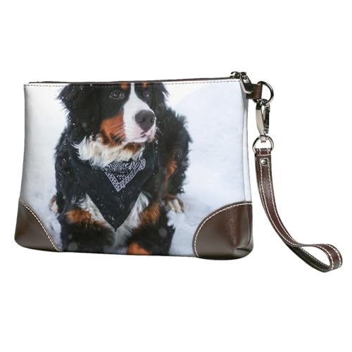EgoMed Berner Sennenhund Schneefall,Handgelenktaschen PU-Leder Clutch Damen Reißverschluss Geldbörse Brieftasche Handtasche mit Handschlaufe von EgoMed