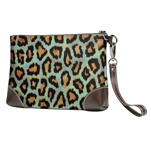 EgoMed Blaugrüner Leoparden-Chic-Tierdruck,Handgelenktaschen PU-Leder Clutch Damen Reißverschluss Geldbörse Brieftasche Handtasche mit Handschlaufe von EgoMed