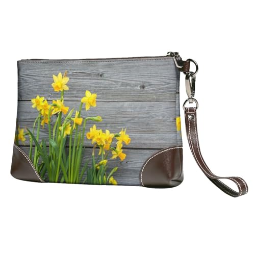 EgoMed Blumenstrauß aus Narzissen drucken,Handgelenktaschen PU-Leder Clutch Damen Reißverschluss Geldbörse Brieftasche Handtasche mit Handschlaufe von EgoMed