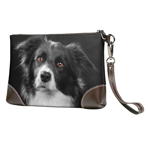 EgoMed Border Collie Hund Haustier,Handgelenktaschen PU-Leder Clutch Damen Reißverschluss Geldbörse Brieftasche Handtasche mit Handschlaufe von EgoMed
