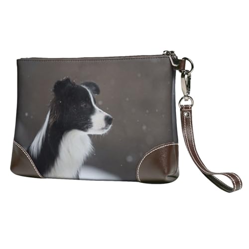 EgoMed Border Collie Hund im Schnee gefleckt,Handgelenktaschen PU-Leder Clutch Damen Reißverschluss Geldbörse Brieftasche Handtasche mit Handschlaufe von EgoMed