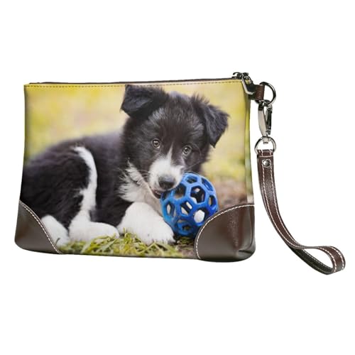 EgoMed Border Collie Hunde Welpen Haustiere Schwarzer Rand,Handgelenktaschen PU-Leder Clutch Damen Reißverschluss Geldbörse Brieftasche Handtasche mit Handschlaufe von EgoMed