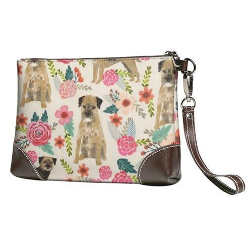 EgoMed Border Terrier Blumen Creme,Handgelenktaschen PU-Leder Clutch Damen Reißverschluss Geldbörse Brieftasche Handtasche mit Handschlaufe von EgoMed