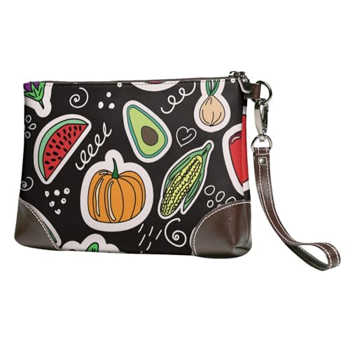 EgoMed Cartoon Gemüse Früchte,Handgelenktaschen PU-Leder Clutch Damen Reißverschluss Geldbörse Brieftasche Handtasche mit Handschlaufe von EgoMed