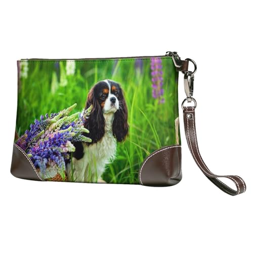 EgoMed Cavalier King Charles Spaniel Hund Lupine Blumen,Handgelenktaschen PU-Leder Clutch Damen Reißverschluss Geldbörse Brieftasche Handtasche mit Handschlaufe von EgoMed