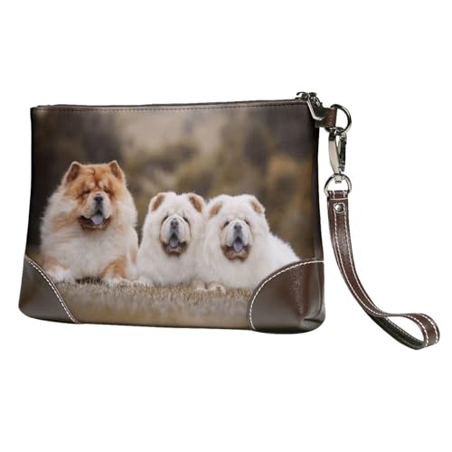 EgoMed Chow-Chow-Familie Kleine Flauschige Welpen,Handgelenktaschen PU-Leder Clutch Damen Reißverschluss Geldbörse Brieftasche Handtasche mit Handschlaufe von EgoMed