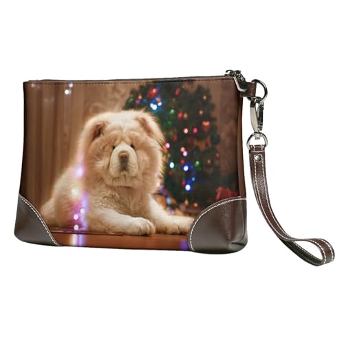 EgoMed Chow Chow Weiße Flauschige Hunde Haustiere Hunde Weihnachten,Handgelenktaschen PU-Leder Clutch Damen Reißverschluss Geldbörse Brieftasche Handtasche mit Handschlaufe von EgoMed