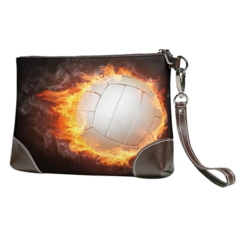 EgoMed Cooler Feuerflammen-Volleyballball,Handgelenktaschen PU-Leder Clutch Damen Reißverschluss Geldbörse Brieftasche Handtasche mit Handschlaufe von EgoMed