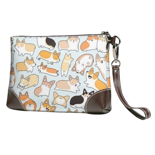 EgoMed Corgi-Muster,Handgelenktaschen PU-Leder Clutch Damen Reißverschluss Geldbörse Brieftasche Handtasche mit Handschlaufe von EgoMed