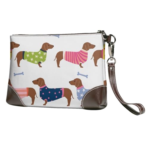 EgoMed Dackel Roter Mantel Hunderasse Haustier Muster Pullover,Handgelenktaschen PU-Leder Clutch Damen Reißverschluss Geldbörse Brieftasche Handtasche mit Handschlaufe von EgoMed