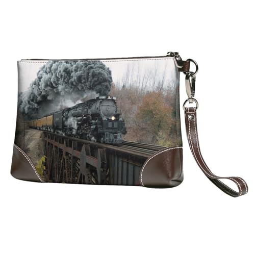 EgoMed Dampfzug und Eisenbahn,Handgelenktaschen PU-Leder Clutch Damen Reißverschluss Geldbörse Brieftasche Handtasche mit Handschlaufe von EgoMed