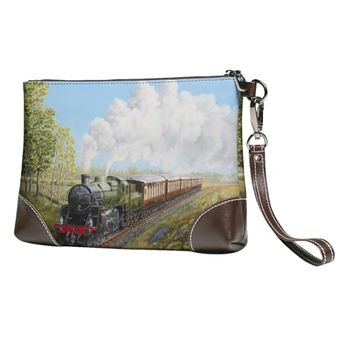 EgoMed Dampfzug und Eisenbahn,Handgelenktaschen PU-Leder Clutch Damen Reißverschluss Geldbörse Brieftasche Handtasche mit Handschlaufe von EgoMed