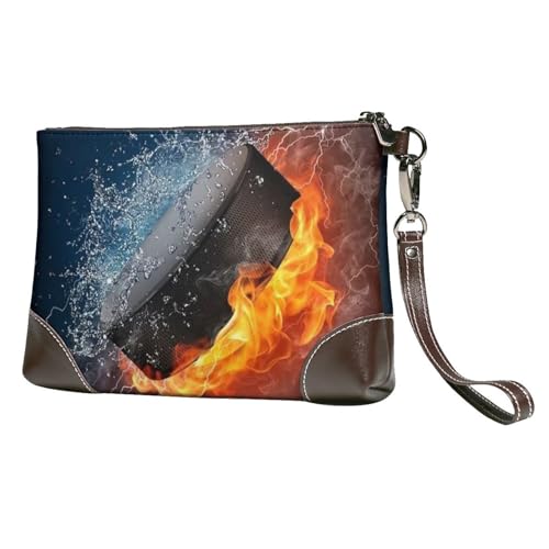 EgoMed Eishockey-Feuer,Handgelenktaschen PU-Leder Clutch Damen Reißverschluss Geldbörse Brieftasche Handtasche mit Handschlaufe von EgoMed