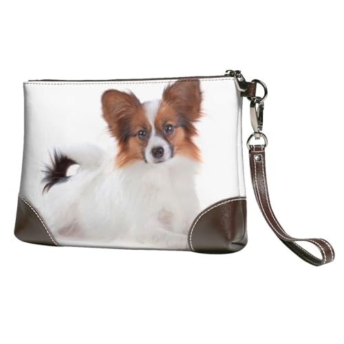 EgoMed Flauschiger Papillon-Hund,Handgelenktaschen PU-Leder Clutch Damen Reißverschluss Geldbörse Brieftasche Handtasche mit Handschlaufe von EgoMed