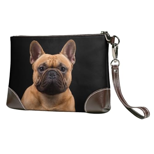 EgoMed Französische Bulldogge auf Schwarz,Handgelenktaschen PU-Leder Clutch Damen Reißverschluss Geldbörse Brieftasche Handtasche mit Handschlaufe von EgoMed