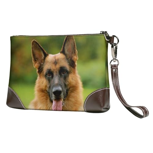 EgoMed Fröhlicher Deutscher Schäferhund Bedruckt,Handgelenktaschen PU-Leder Clutch Damen Reißverschluss Geldbörse Brieftasche Handtasche mit Handschlaufe von EgoMed