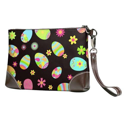 EgoMed Frohe Ostern Bunte Ostereier,Handgelenktaschen PU-Leder Clutch Damen Reißverschluss Geldbörse Brieftasche Handtasche mit Handschlaufe von EgoMed