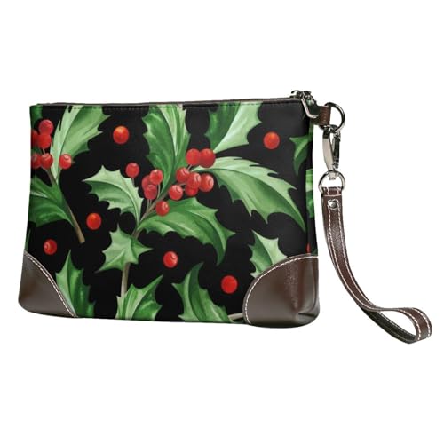 EgoMed Frohe Weihnachten, Holly,Handgelenktaschen PU-Leder Clutch Damen Reißverschluss Geldbörse Brieftasche Handtasche mit Handschlaufe von EgoMed