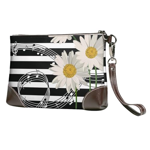 EgoMed Gänseblümchen-Blumen-Musiknote-Streifenmuster,Handgelenktaschen PU-Leder Clutch Damen Reißverschluss Geldbörse Brieftasche Handtasche mit Handschlaufe von EgoMed