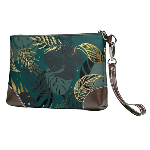 EgoMed Gold Grün Schwarz Blätter,Handgelenktaschen PU-Leder Clutch Damen Reißverschluss Geldbörse Brieftasche Handtasche mit Handschlaufe von EgoMed