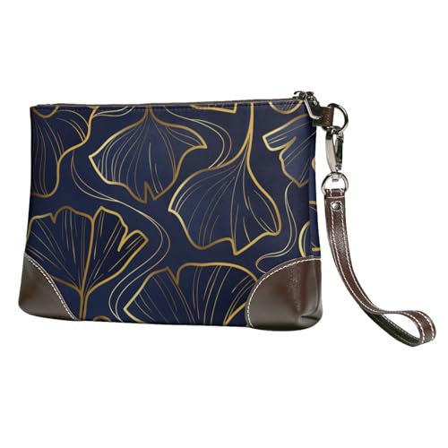 EgoMed Goldenes Linear mit Farbverlauf und Ginkgo-Biloba-Blättern,Handgelenktaschen PU-Leder Clutch Damen Reißverschluss Geldbörse Brieftasche Handtasche mit Handschlaufe von EgoMed