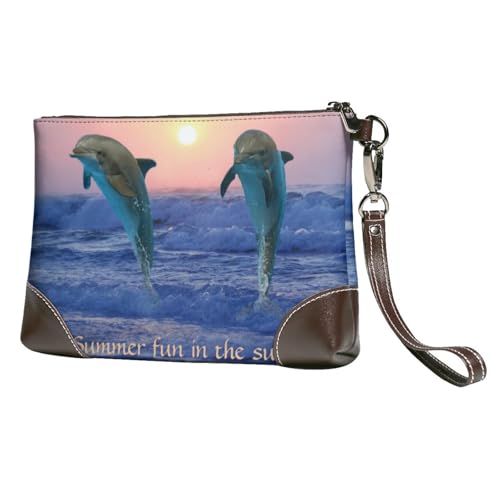 EgoMed Großer Tümmler bei Sonnenaufgang,Handgelenktaschen PU-Leder Clutch Damen Reißverschluss Geldbörse Brieftasche Handtasche mit Handschlaufe von EgoMed
