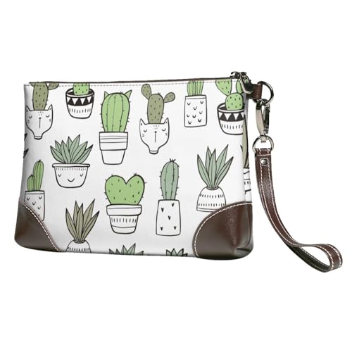 EgoMed Handgezeichneter Kaktusdruck,Handgelenktaschen PU-Leder Clutch Damen Reißverschluss Geldbörse Brieftasche Handtasche mit Handschlaufe von EgoMed