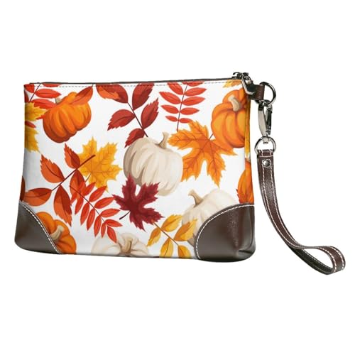 EgoMed Herbstkürbis,Handgelenktaschen PU-Leder Clutch Damen Reißverschluss Geldbörse Brieftasche Handtasche mit Handschlaufe von EgoMed